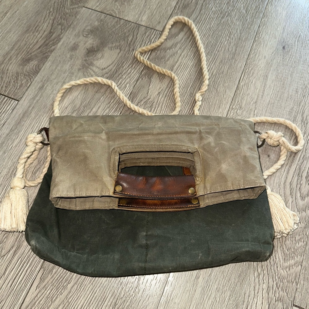 Gouache Green Tan cavas Fold Over Bag Purse